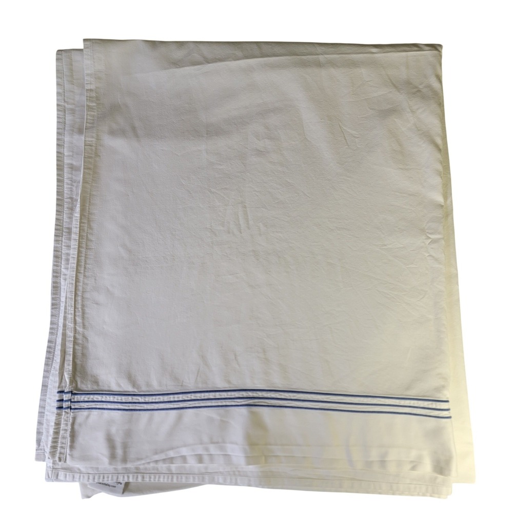 Peacock Alley Queen White Cotton Flat Sheet Blue Triple Stripe Made in Portugal